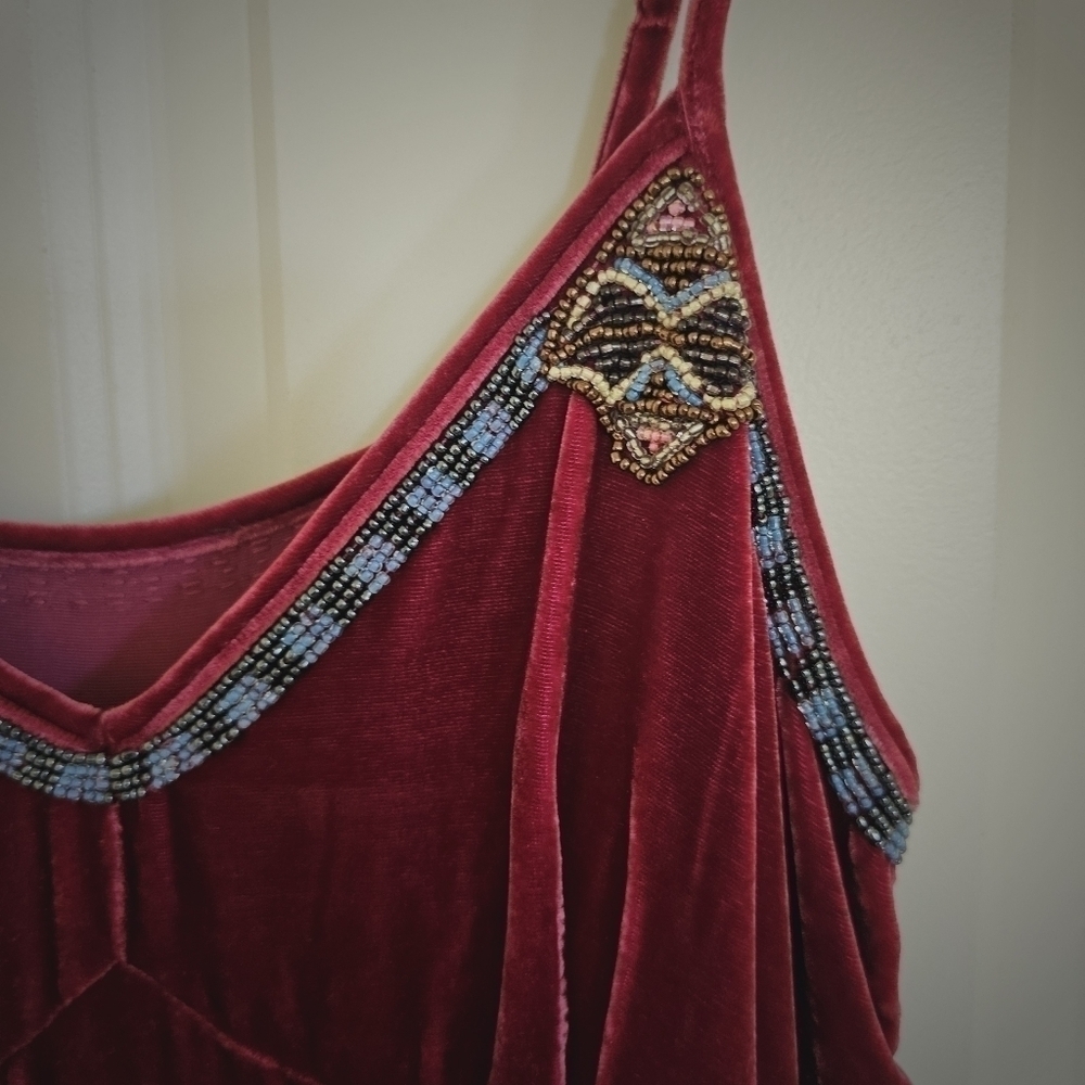 Velvet spaghetti strap baby doll with beaded inlay boho chic . - Picture 2 of 6
